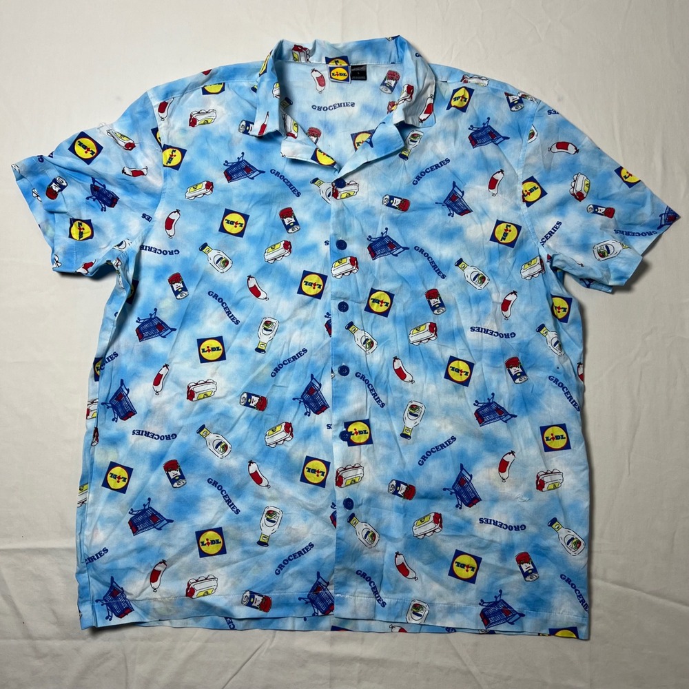 Lidl Groceries All Over Print Shirt Mens Large Blue Short Sleeve Camp Collar